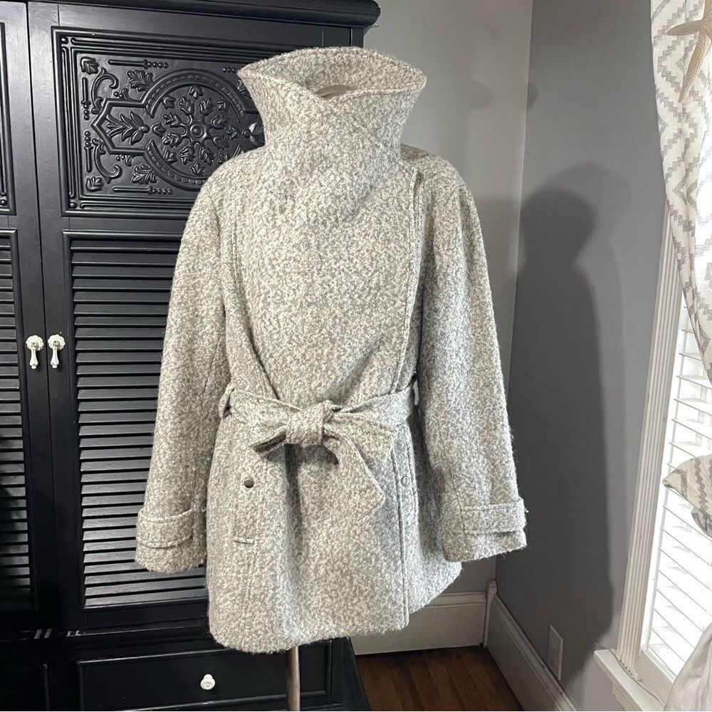 Mo-Ka Wool Wrap Belted Shawl Funnel Neck Draped Cropped Trench Coat Women’s L - Picture 2 of 8